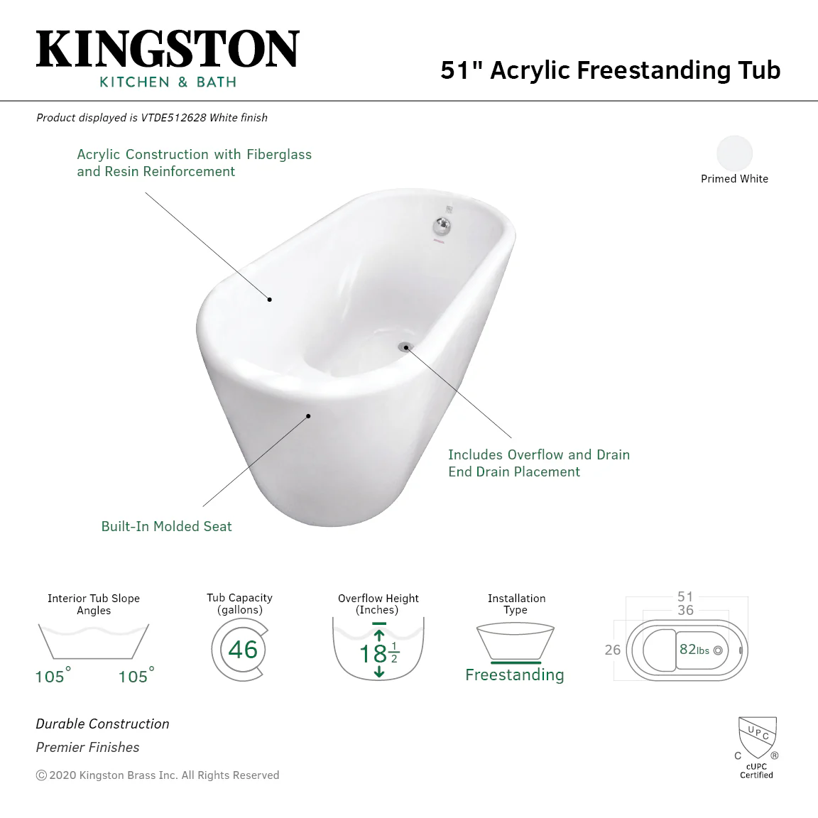 51-Inch Acrylic Freestanding Tub With Seat In White - Image 3