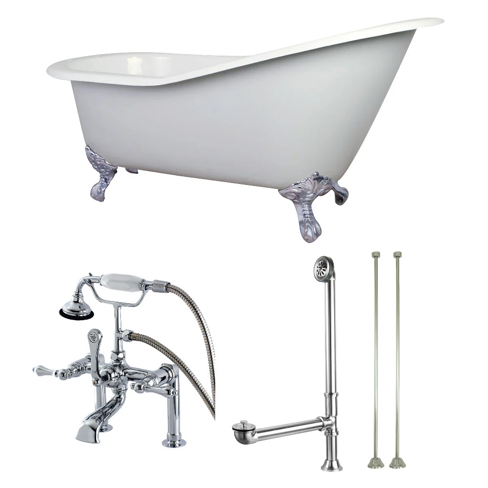 62-Inch Cast Iron Single Slipper Clawfoot Tub Combo W/ Faucet and Supply Lines - Image 5
