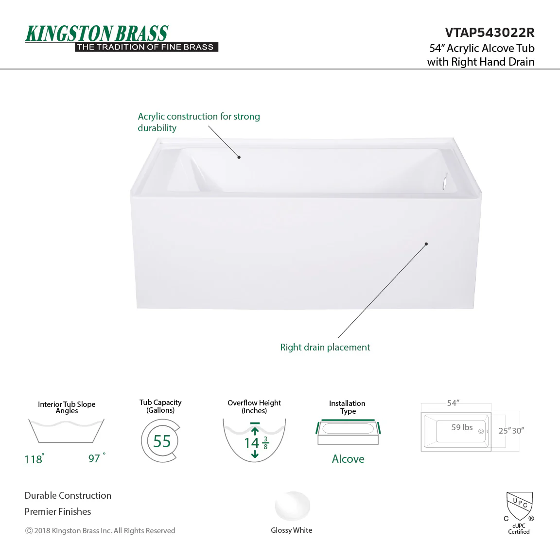Aqua Eden VTAP543022L Alcove Bath Tub 54 X 30 X 21 5/8 - Image 5