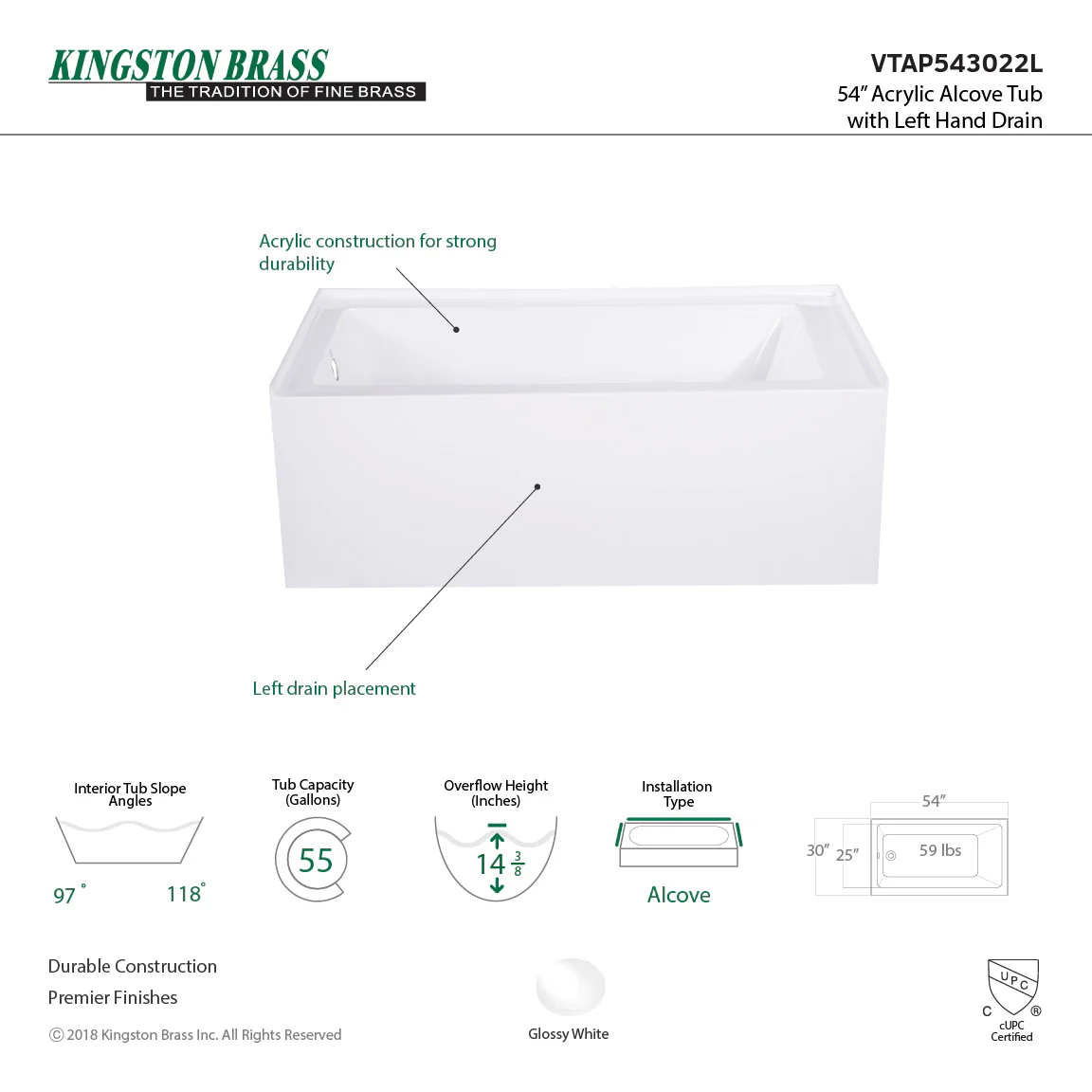Aqua Eden VTAP543022L Alcove Bath Tub 54 X 30 X 21 5/8 - Image 6