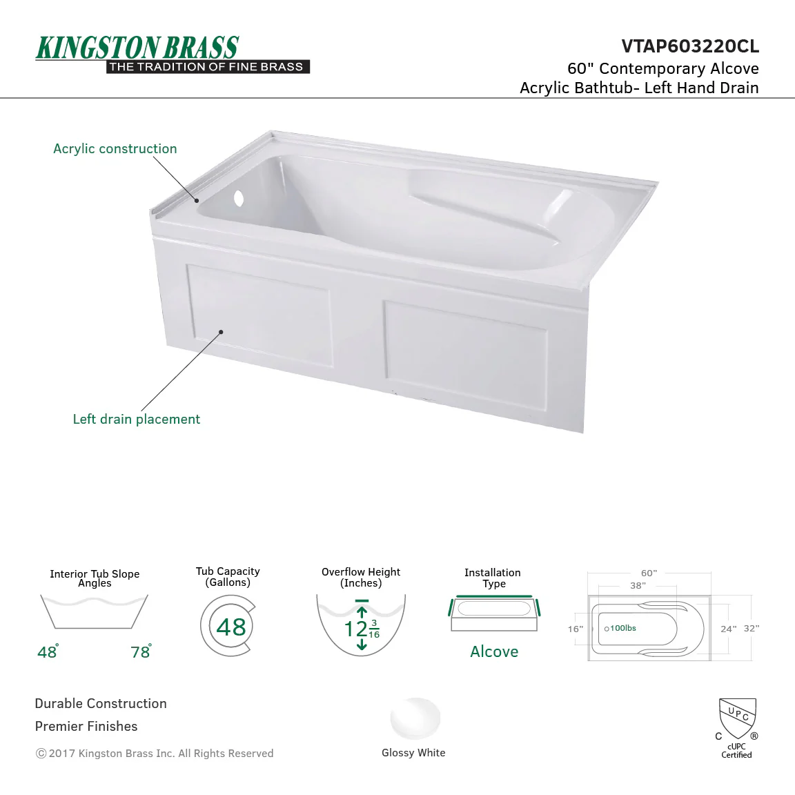 Aqua Eden VTAP603220CL Alcove Bathtub 60 in. L x 32 in. W x 20-1/2 in. H - Image 3