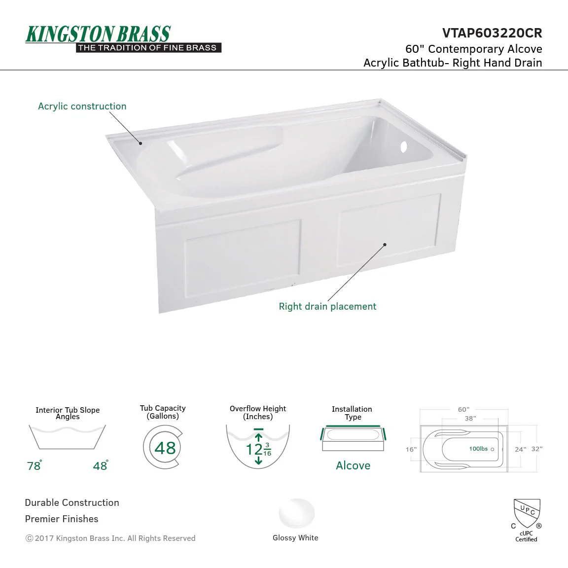 Aqua Eden VTAP603220CL Alcove Bathtub 60 in. L x 32 in. W x 20-1/2 in. H - Image 4