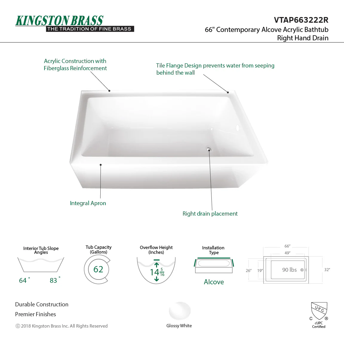 Aqua Eden VTAP663222L Alcove Bathtub (L)66"x (W)32" x (H)20-1/2" - Image 10