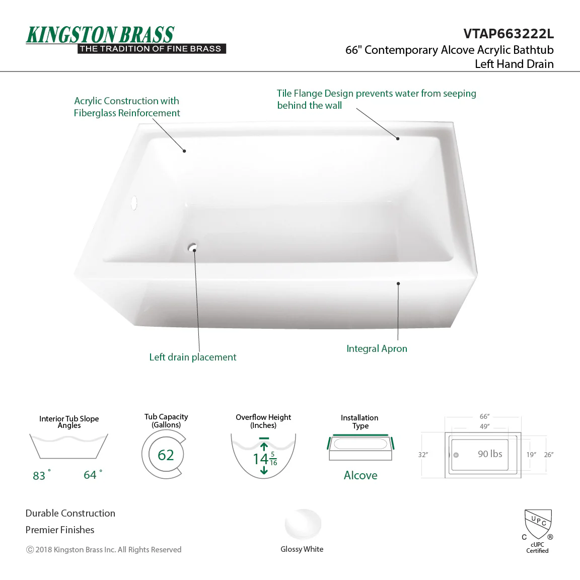 Aqua Eden VTAP663222L Alcove Bathtub (L)66"x (W)32" x (H)20-1/2" - Image 9