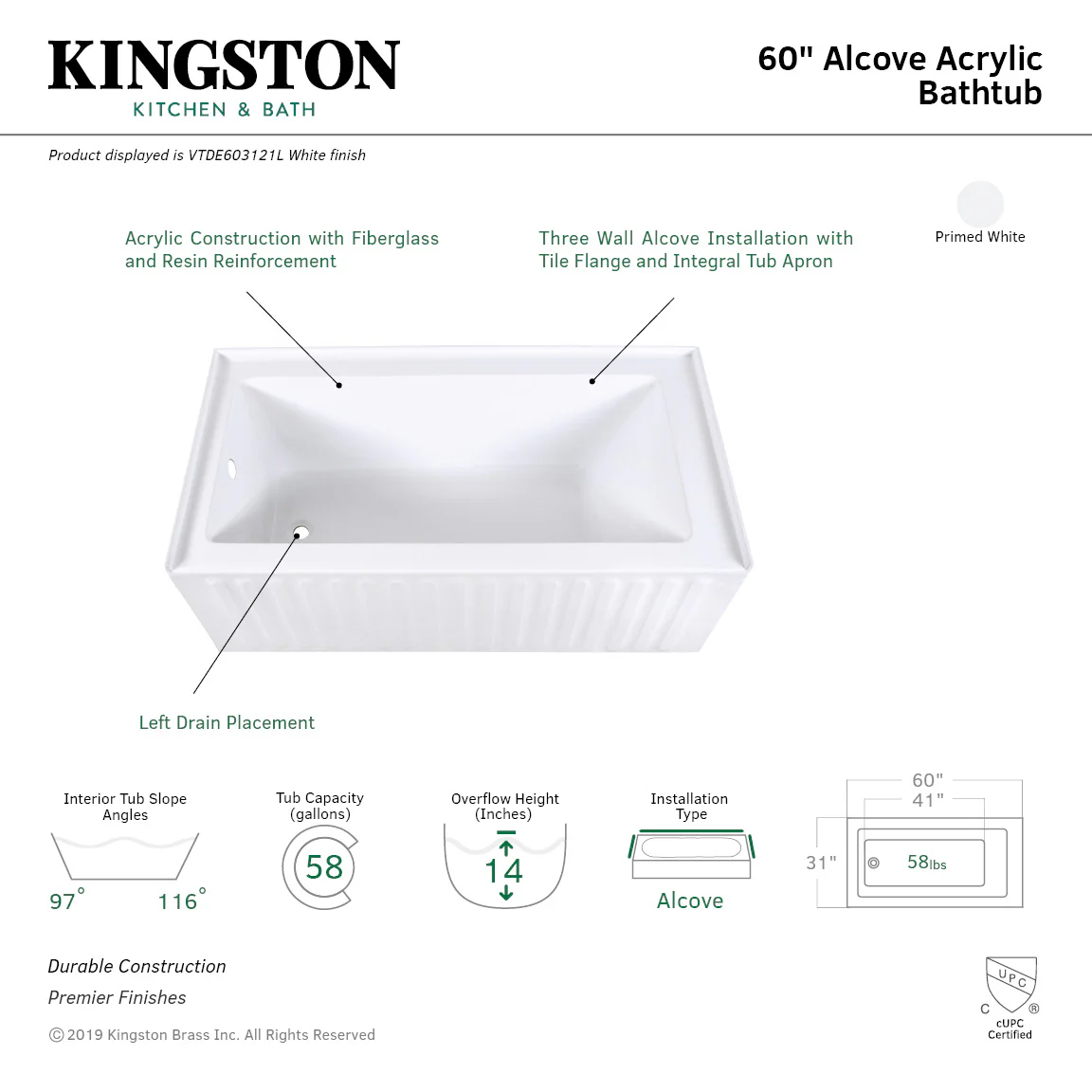 Aqua Eden VTDE603121X-P 60x30x22 Acrylic Alcove Bathtub - Image 5