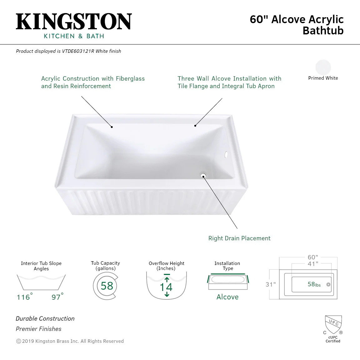 Aqua Eden VTDE603121X-P 60x30x22 Acrylic Alcove Bathtub - Image 7