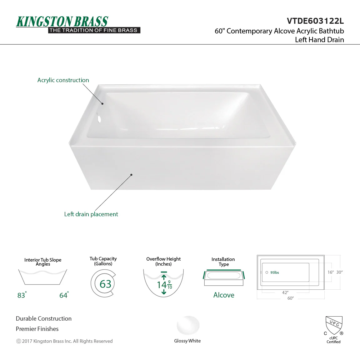Aqua Eden VTDE603122X-P 60-INCH Acrylic Regular Alcove Tub - Image 5