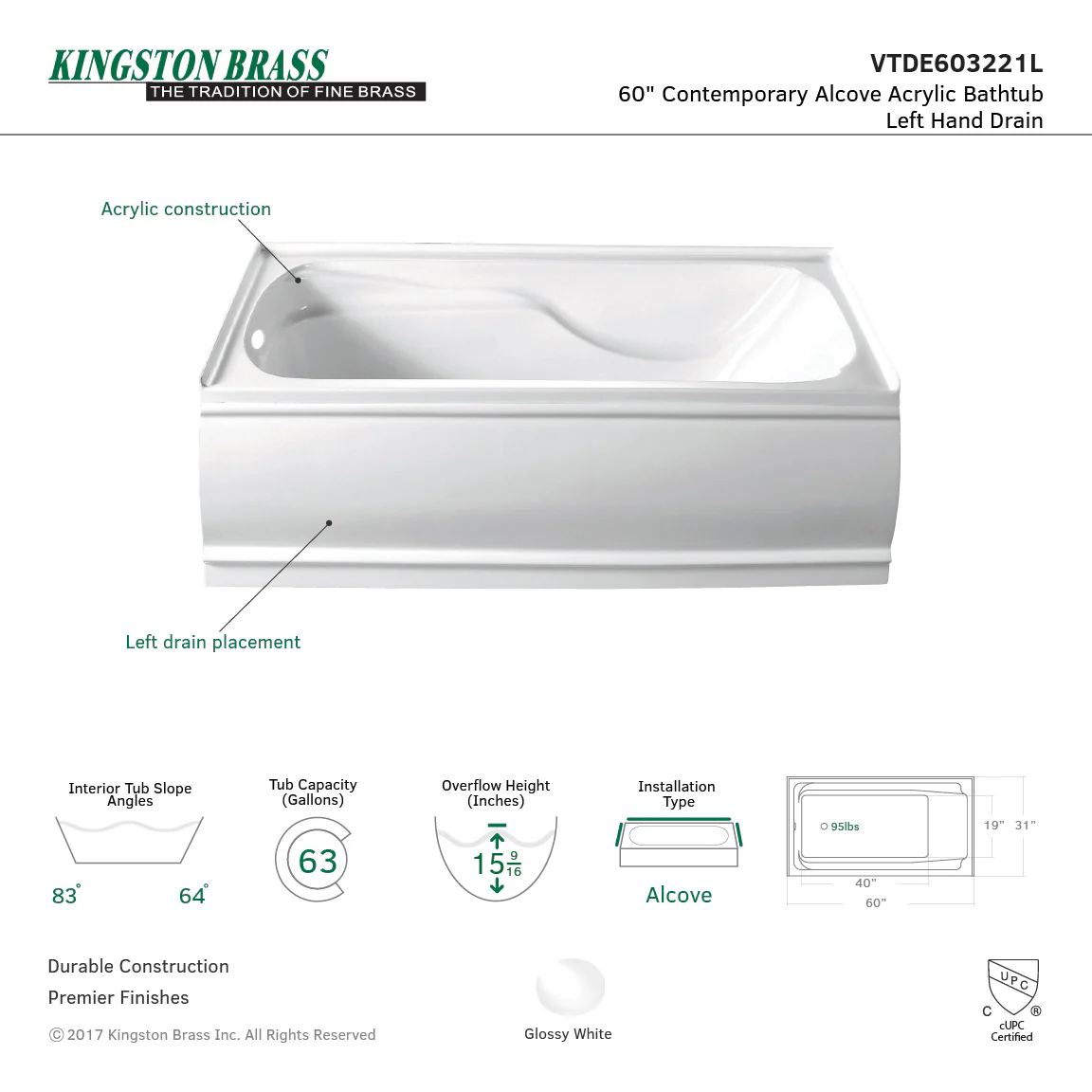 Aqua Eden  VTDE603221X-P 60x32x21 Acrylic Alcove Bathtub - Image 3