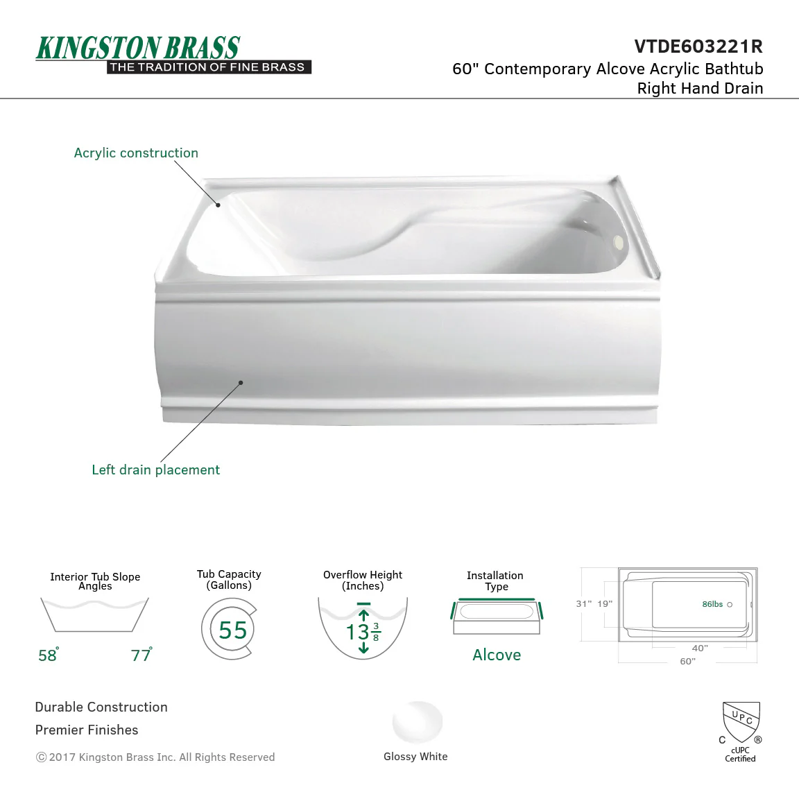 Aqua Eden  VTDE603221X-P 60x32x21 Acrylic Alcove Bathtub - Image 4