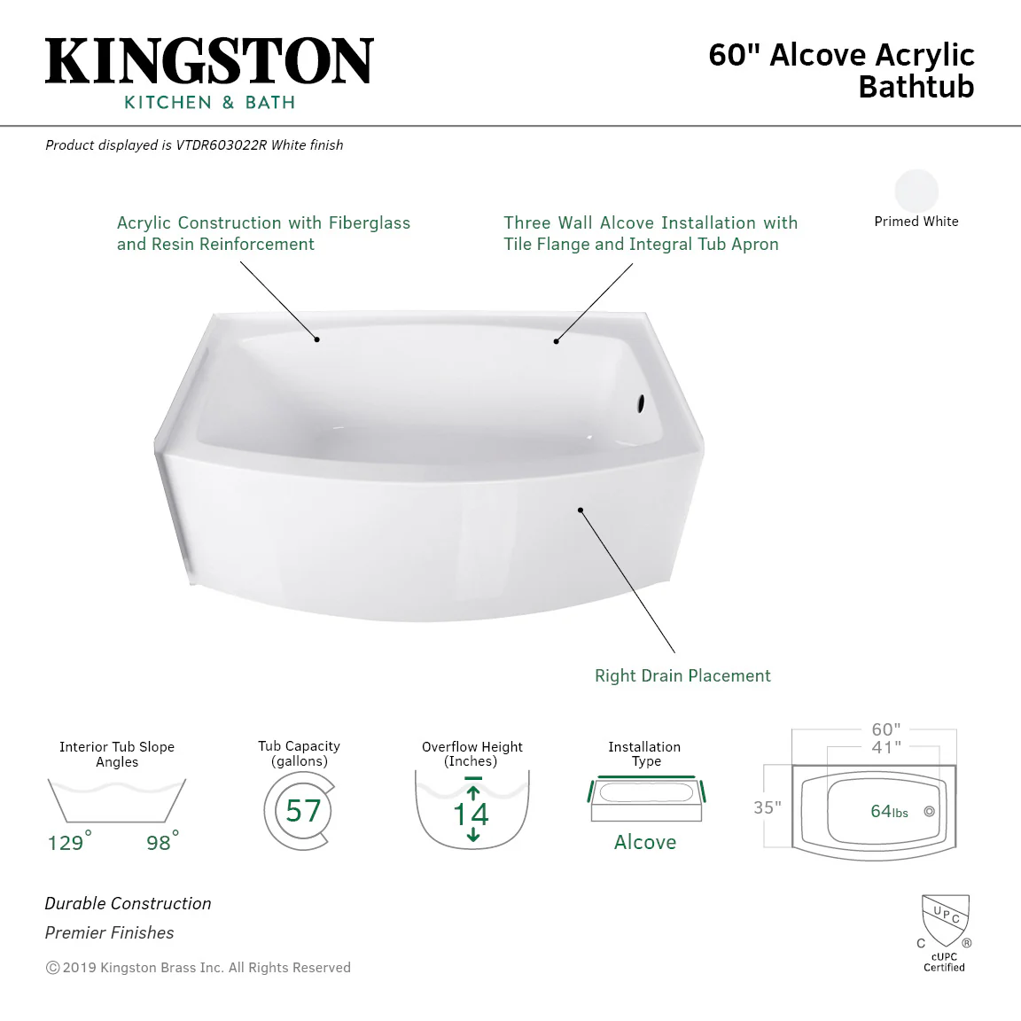 Aqua Eden VTDR603022L Inflection Alcove Bathtub  (L)60" x (W)35" x (H)21-5/8" - Image 4