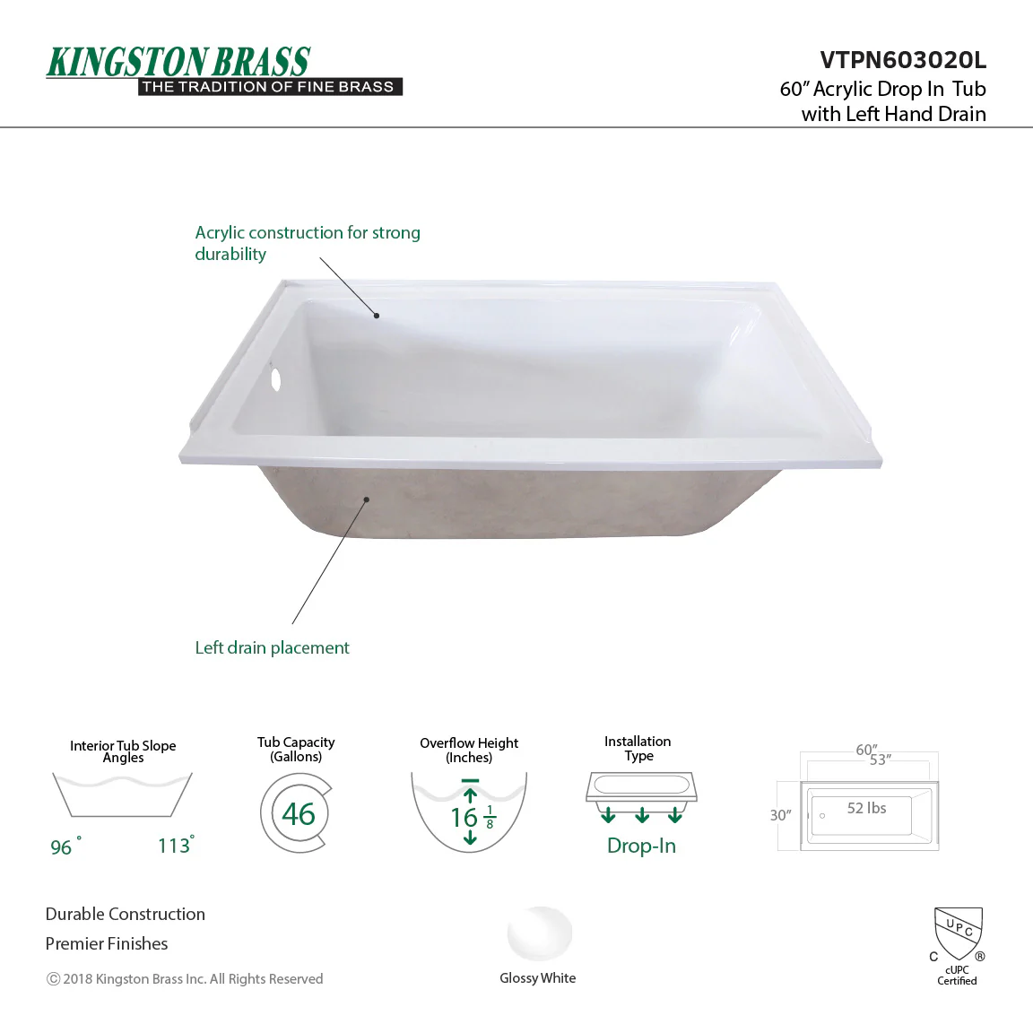 60 x 30-inch Acrylic Rectangular Drop In Tub - Image 3
