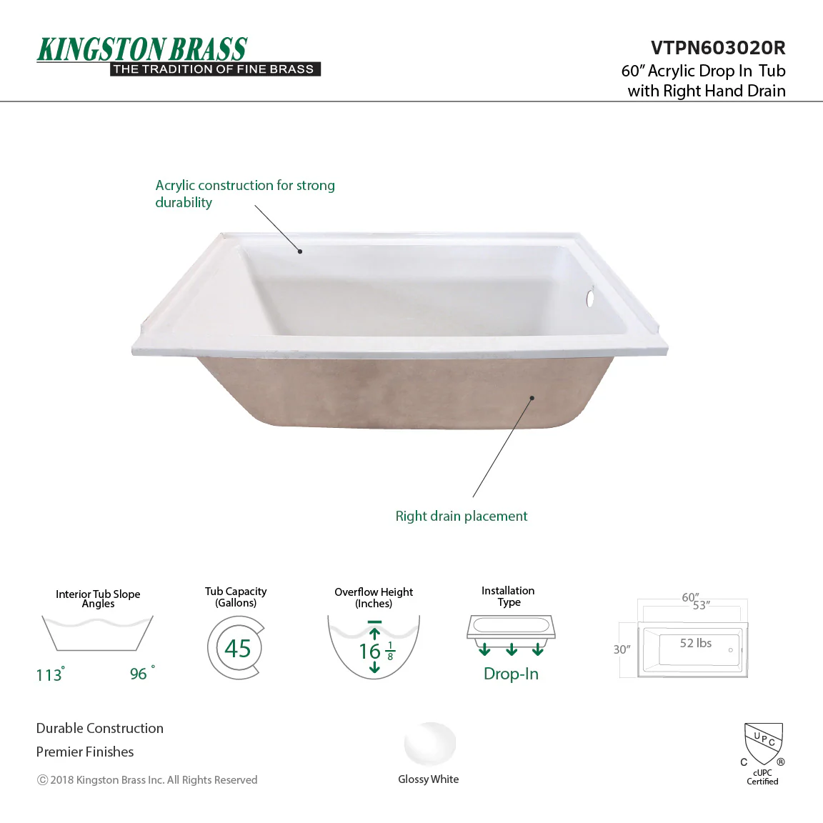 60 x 30-inch Acrylic Rectangular Drop In Tub - Image 5
