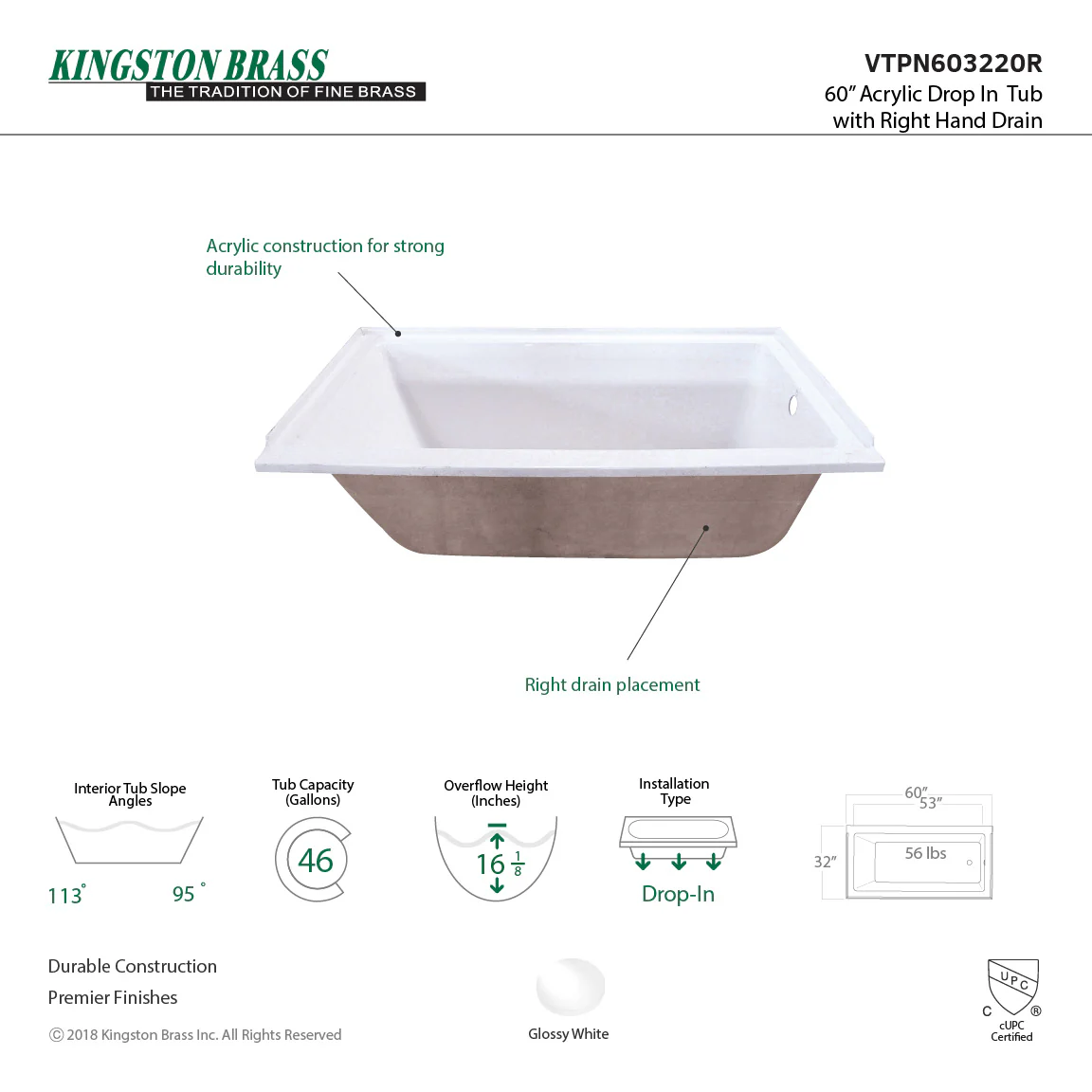 60 x 32-Inch Acrylic Rectangular Drop In Tub - Image 4