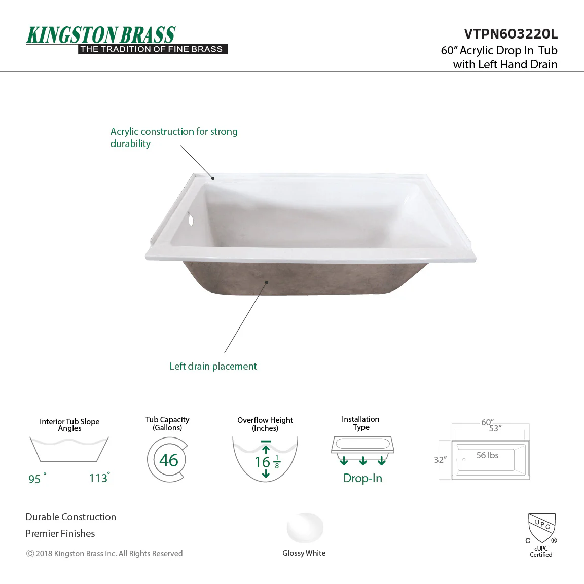 60 x 32-Inch Acrylic Rectangular Drop In Tub - Image 6